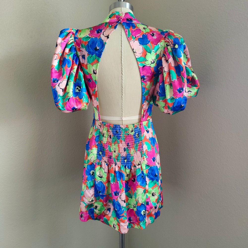 ROTATE Birger Christensen Floral Satin Puff Sleeve Mini Dress Open Back US 10 - Picture 5 of 16